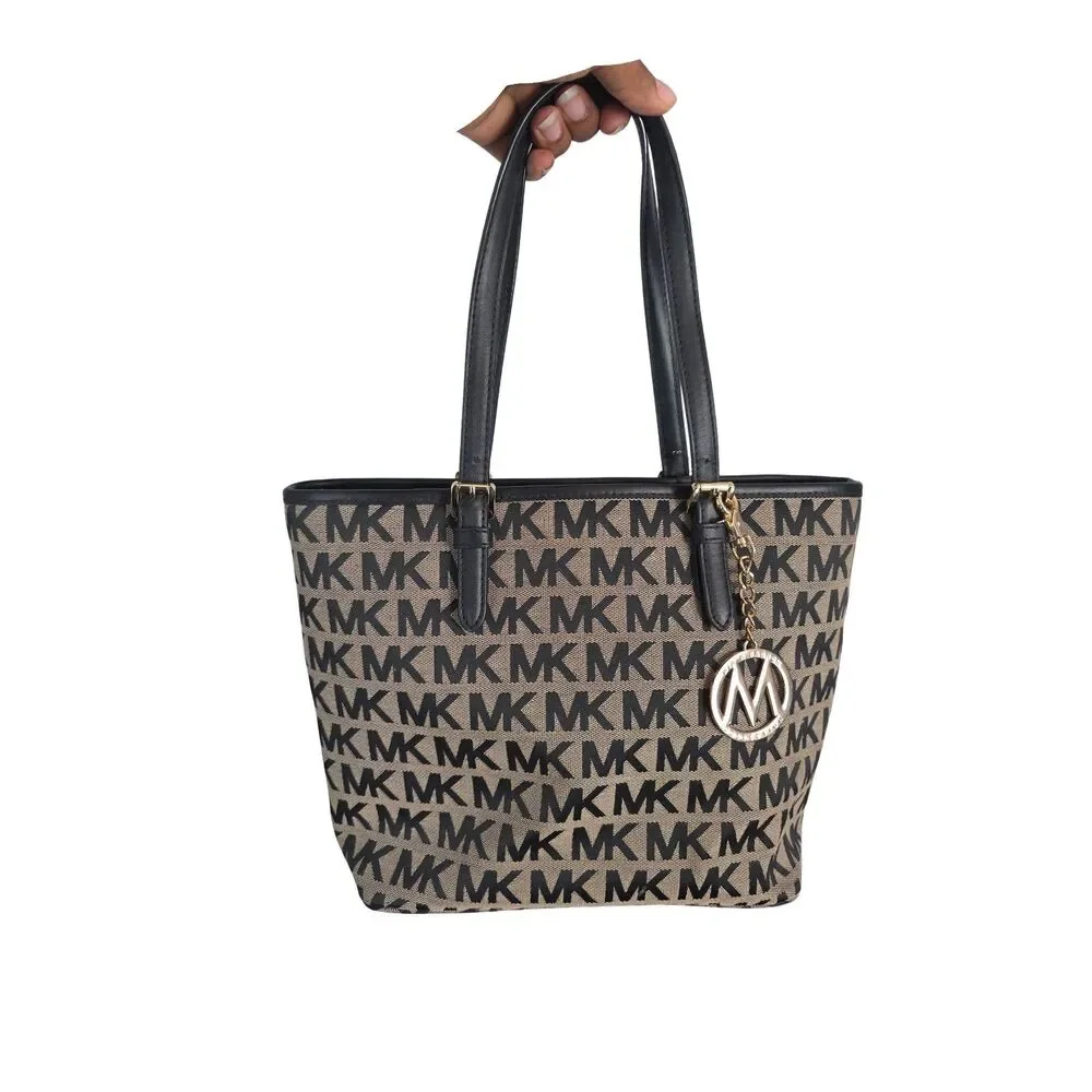 Michael Kors Jet Set Small Signature Jacquard Monogram Tote Bag Beige Black